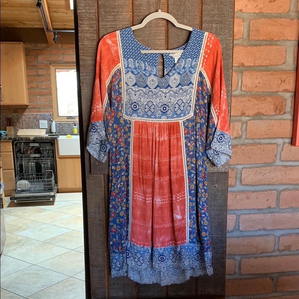 Sundance boho dress midi high low lovely draping floral patchwork medium